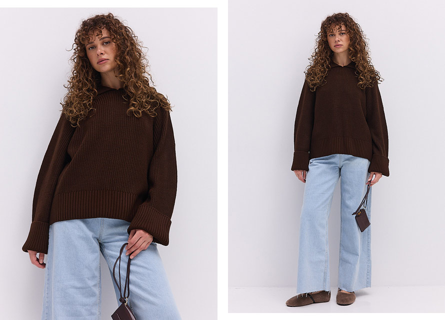 Шоколадний светр з блакитними джинсами - як модно носити