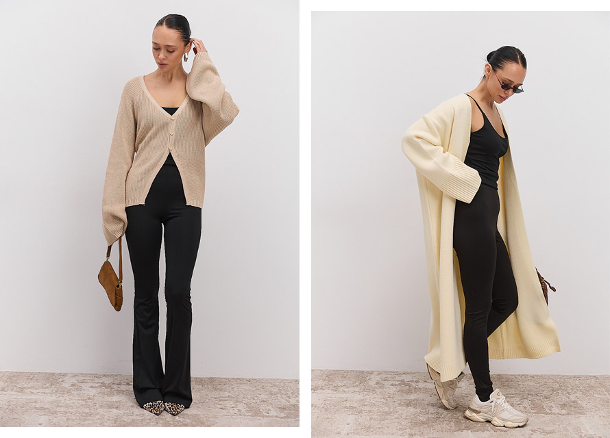 Як носити лосини і в'язаний кардиган жінкам - фото модних поєднань
