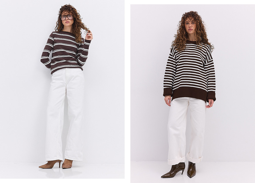 Коричневий смугастий джемпер з білими джинсами - модний тренд сезону