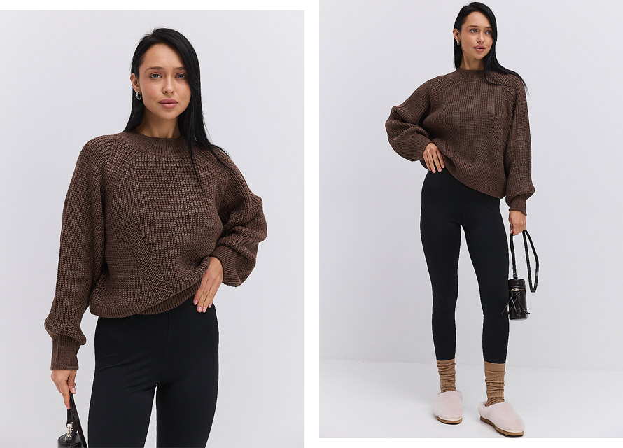 Як модно носити шоколадний светр з лосинами - фото Аржен