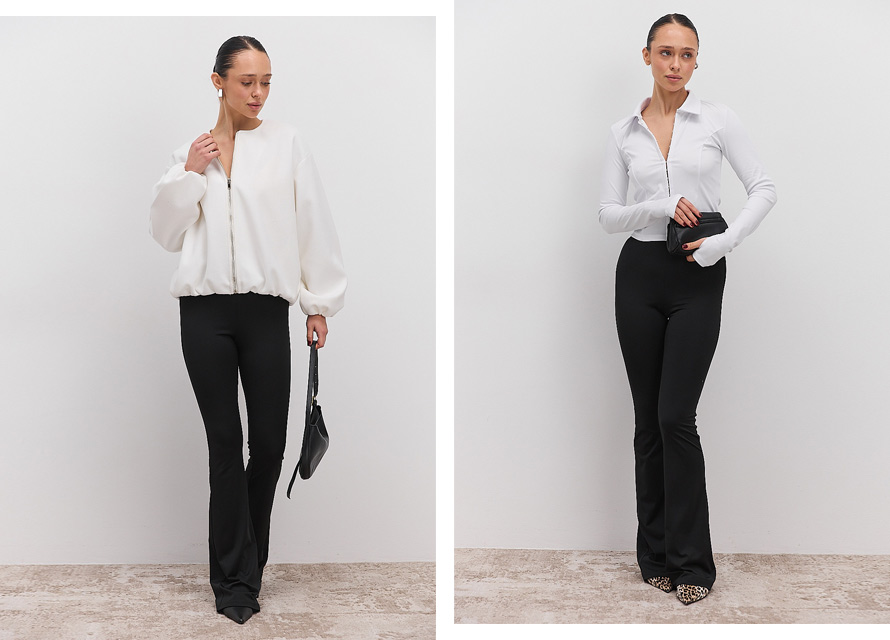 Чорний низ, білий верх - модні образи з жіночими лосинами