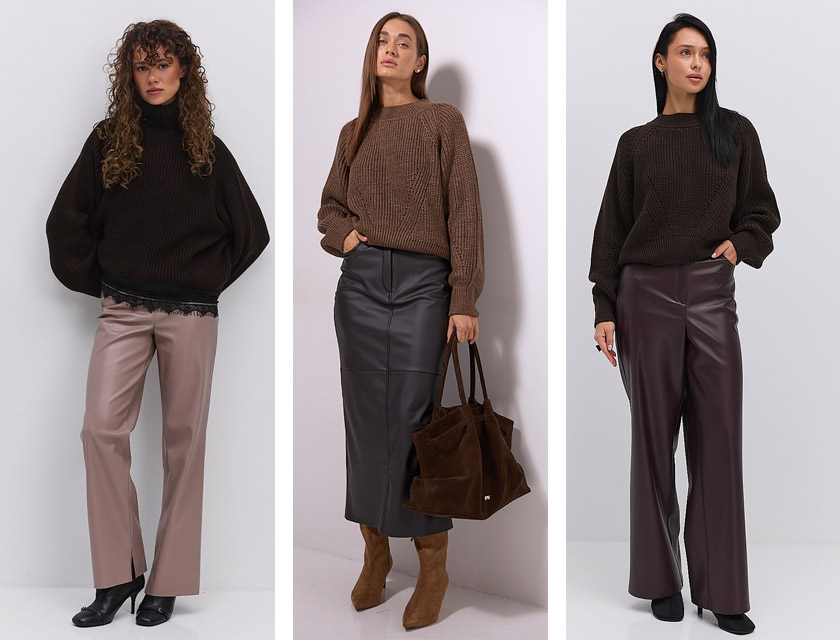 Модні поєднання шоколадних светрів зі шкіряними спідницями і штанами - фото Arjen