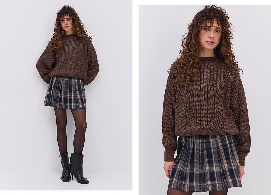 Як носити коротку спідницю з шоколадним джемпером взимку - тренди