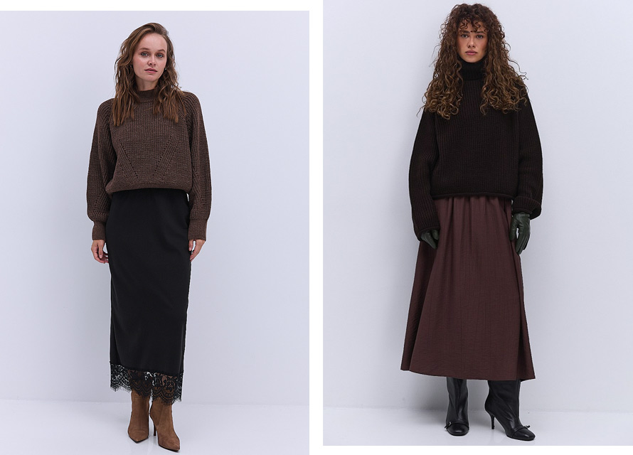 Шоколадний светр з довгою спідницею - модний тренд осінь-зима 2025-2026
