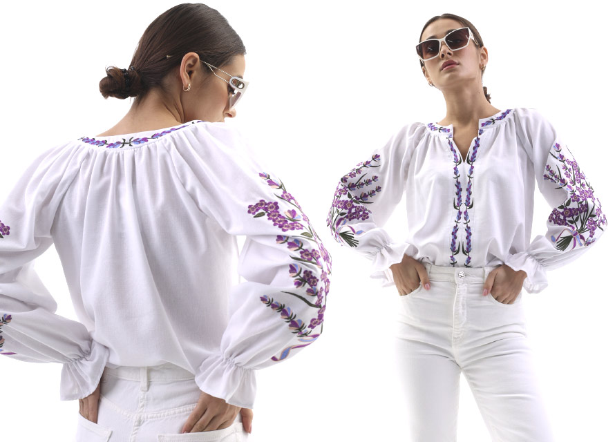 Белая женская вышиванка с современными джинсами - модные тренды