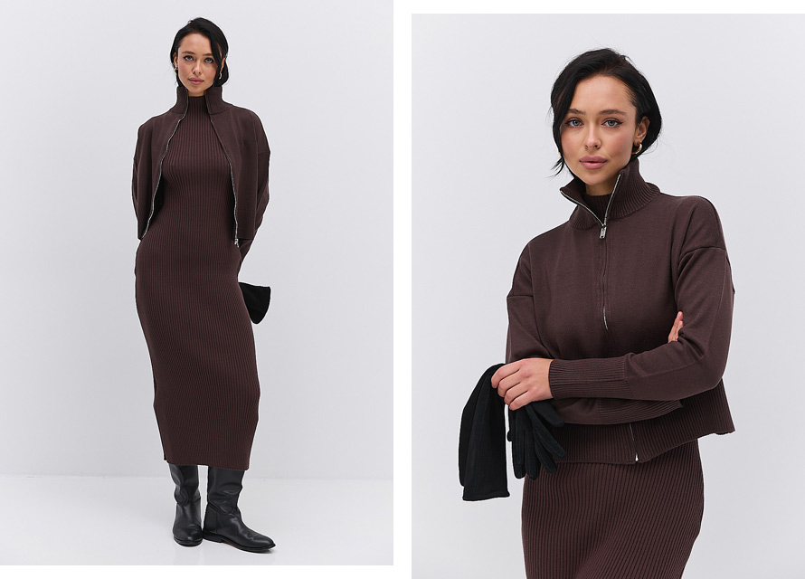 В'язаний total look в шоколадних тонах - зимовий тренд 2025-2026. Фото Аржен