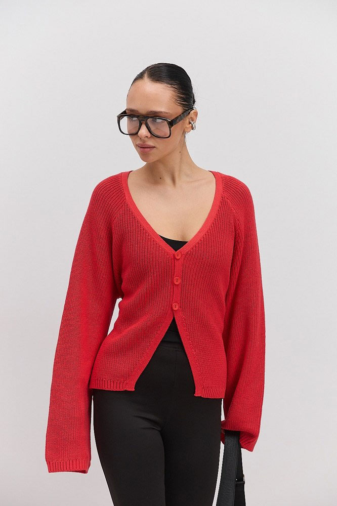 Купить коралловый женский вязаный кардиган - фото