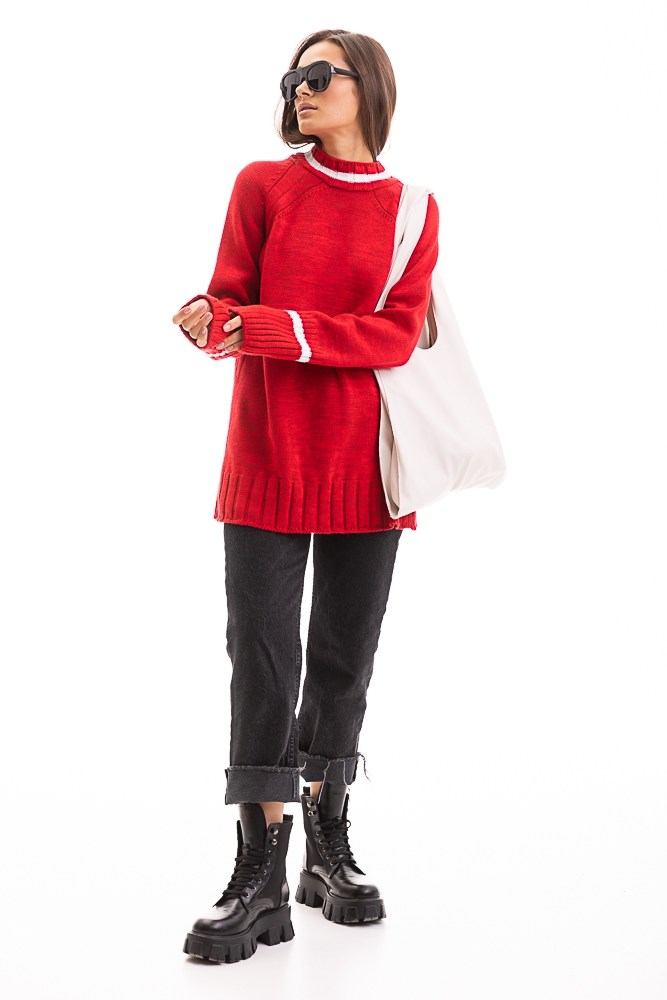 Купить красный женский вязаный свитер  - фото
